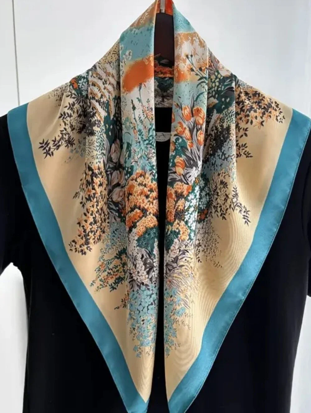 Silk-feel Floral Teal and Beige  Scarf - Women Head Scarf , Neck Scarf